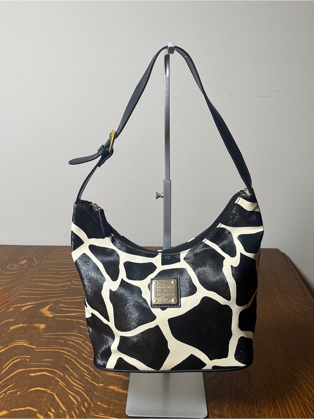 Dooney & Bourke Black and White Giraffe-Print Leather Shoulder Bag